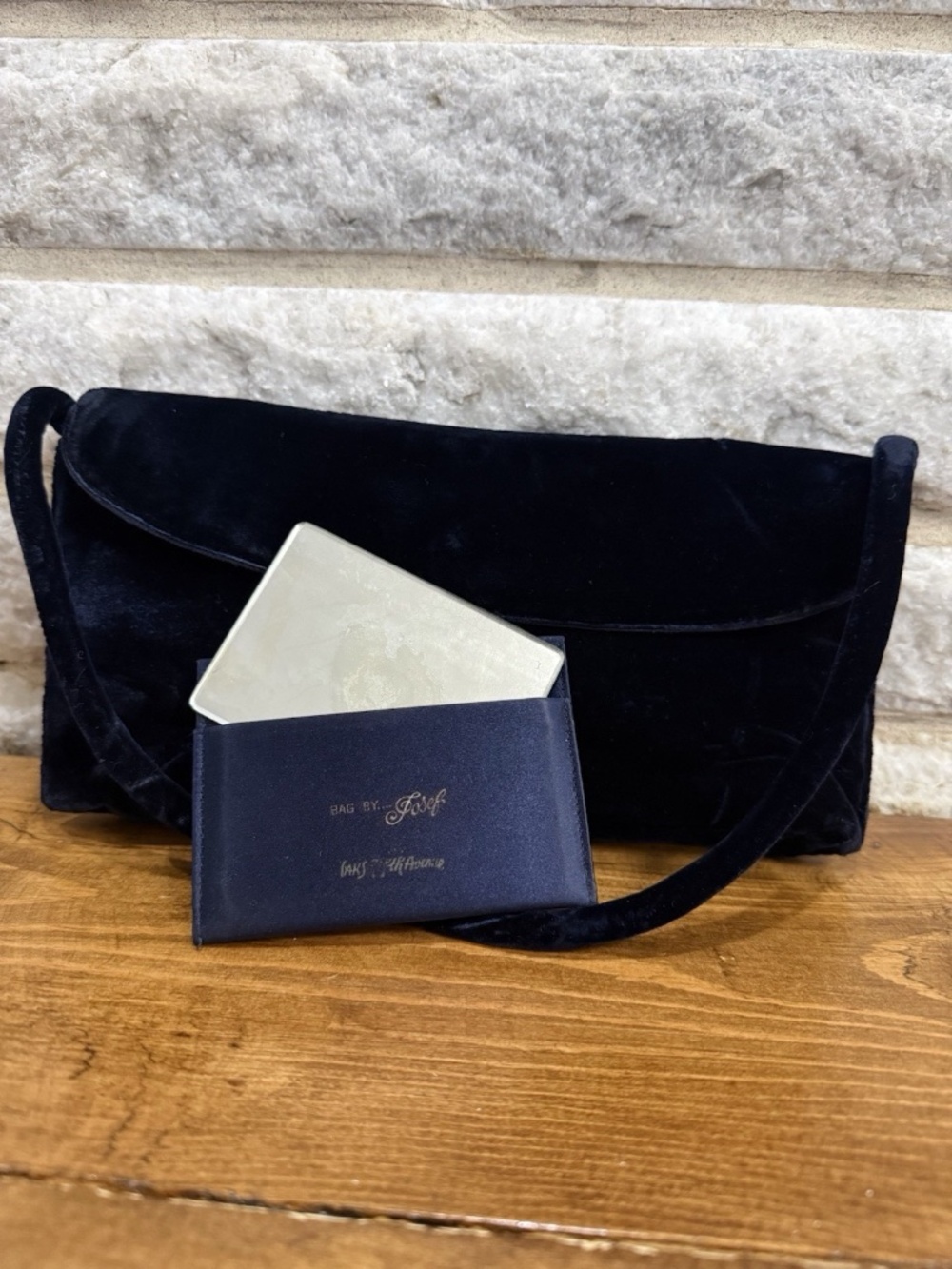 Vintage bag by Josef. Blue Velvet. Rare, Multi Compartments, Mirror Case 1950s